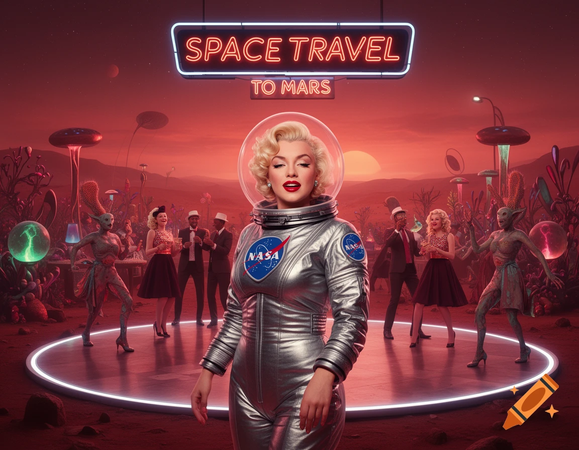 Marilyn Monroe as a 1950s astronaut in a silver spacesuit on Mars, with a neon sign 'SPACE TRAVEL TO MARS', surrounded by partying humans and aliens.