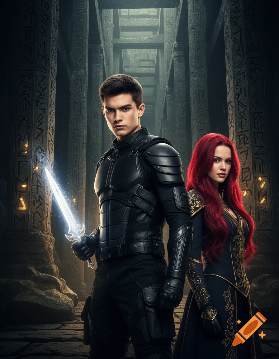 A photorealistic dark fantasy movie poster featuring a male adventurer in tactical armor holding a glowing dagger next to a woman with red hair in elegant combat mage attire, set in a magical underground labyrinth.
