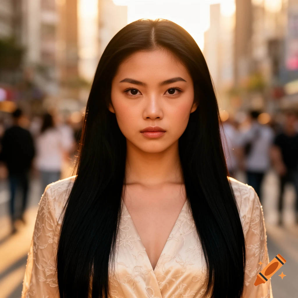A close-up portrait of a young woman with long black hair and a determined expression, standing on a bustling city street at sunset.