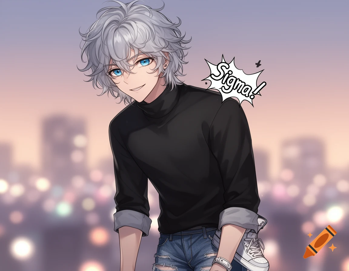 A smiling anime male character with silver hair and blue eyes, wearing a black turtleneck and ripped jeans, has a speech bubble saying "Sigma!". The background is a blurry city skyline.