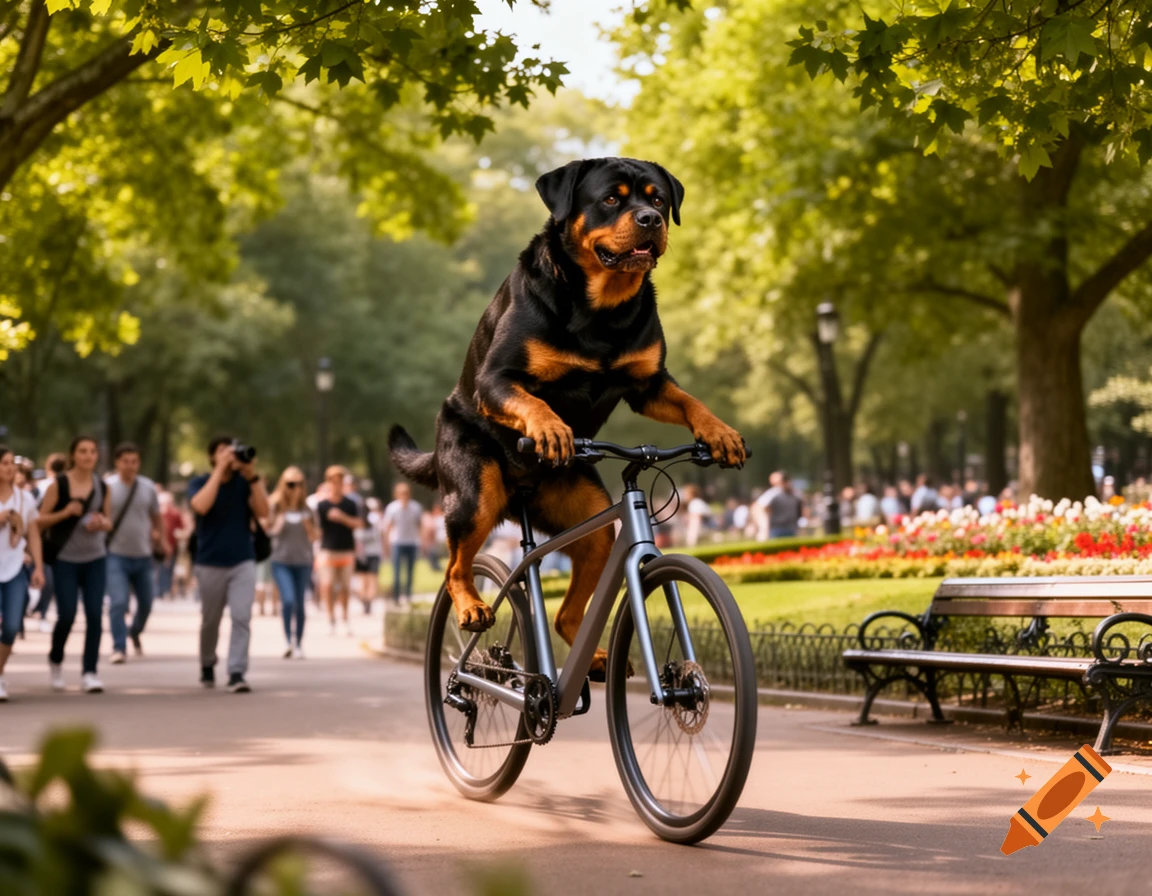 A photorealistic Rottweiler rides a bicycle on a path through a sunny park with people strolling in the background.