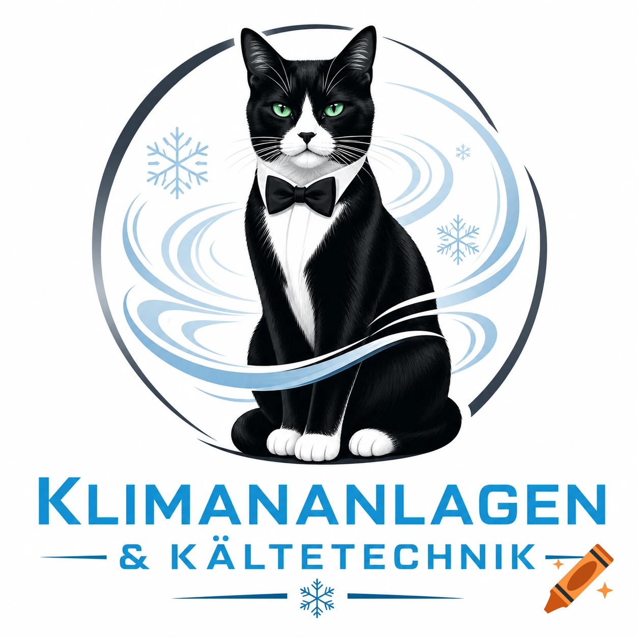 Vector logo of a tuxedo cat in a bow tie, surrounded by swirling wind and snowflakes, with 'Klimananlagen & Kältetechnik' text.