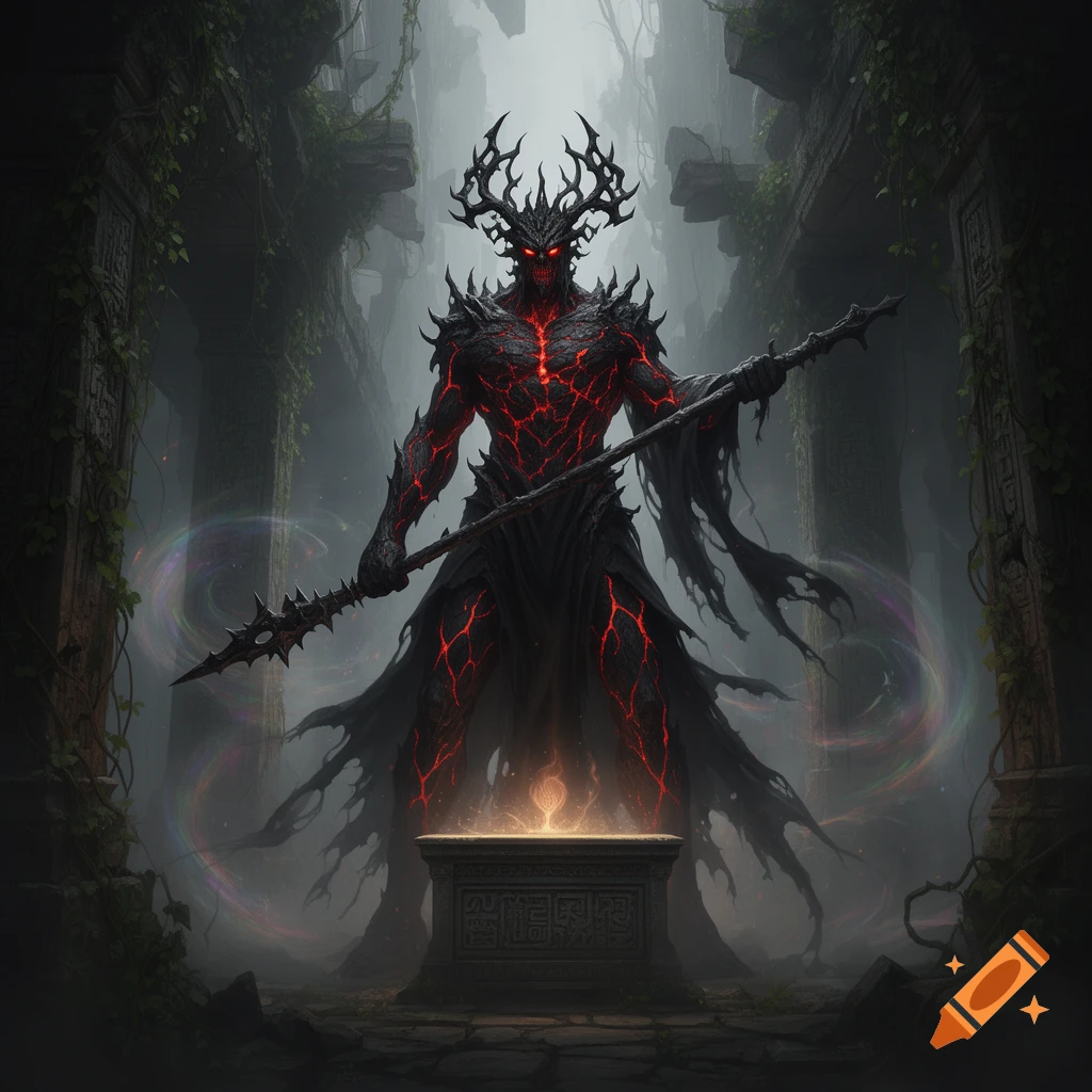 A dark fantasy image of a horned, demon-like figure with glowing red cracks, holding a spiked staff over a glowing altar in ancient ruins.