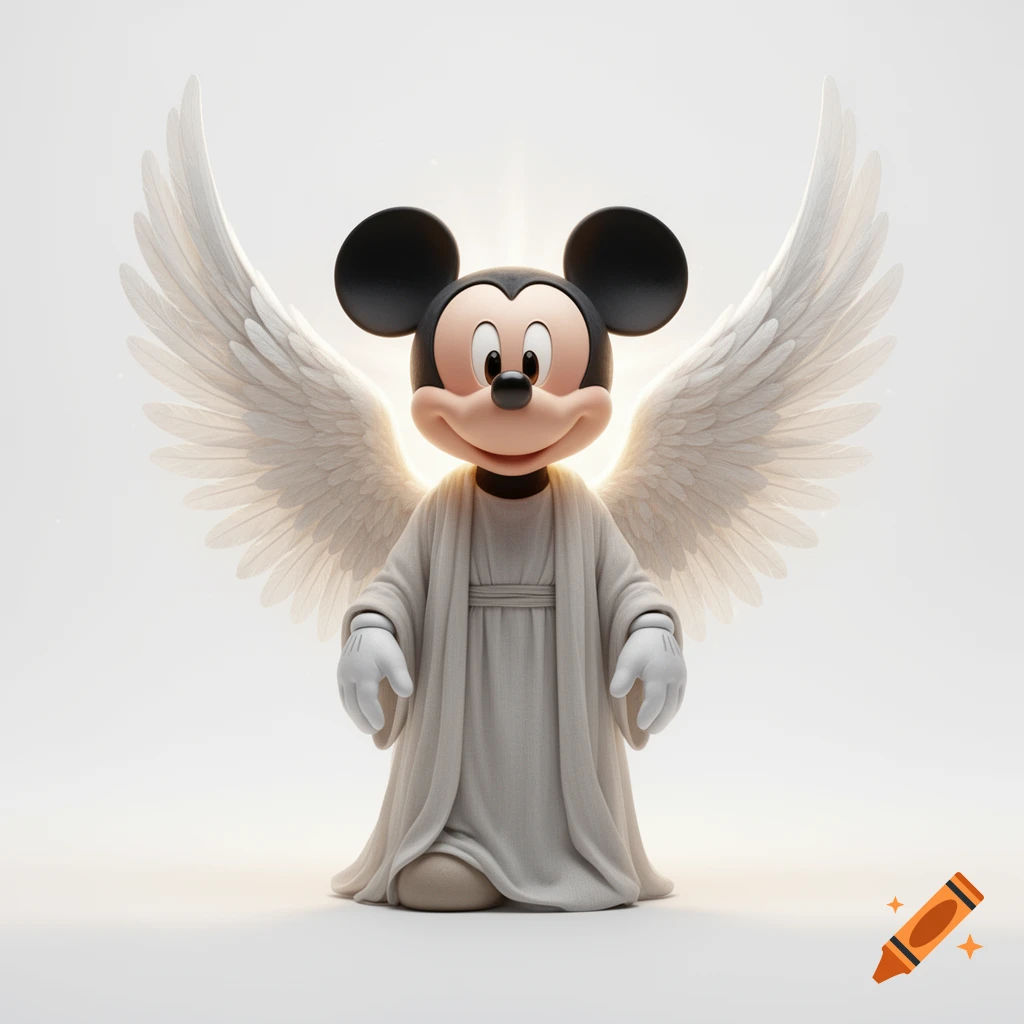Mickey Mouse depicted as an angel with large white wings and a glowing halo, wearing a light grey robe, against a white background.