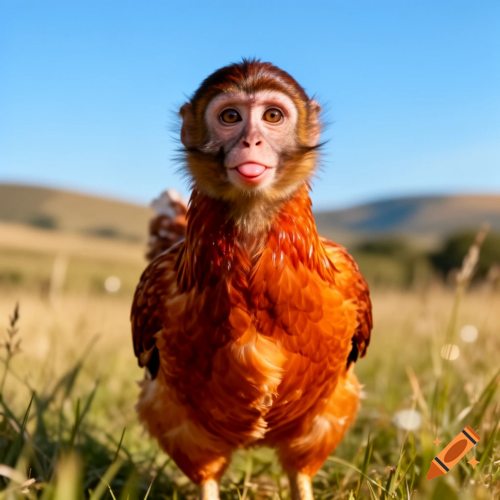A photorealistic monkey's head on a chicken's body, sticking its tongue out, standing in a grassy field under a blue sky.