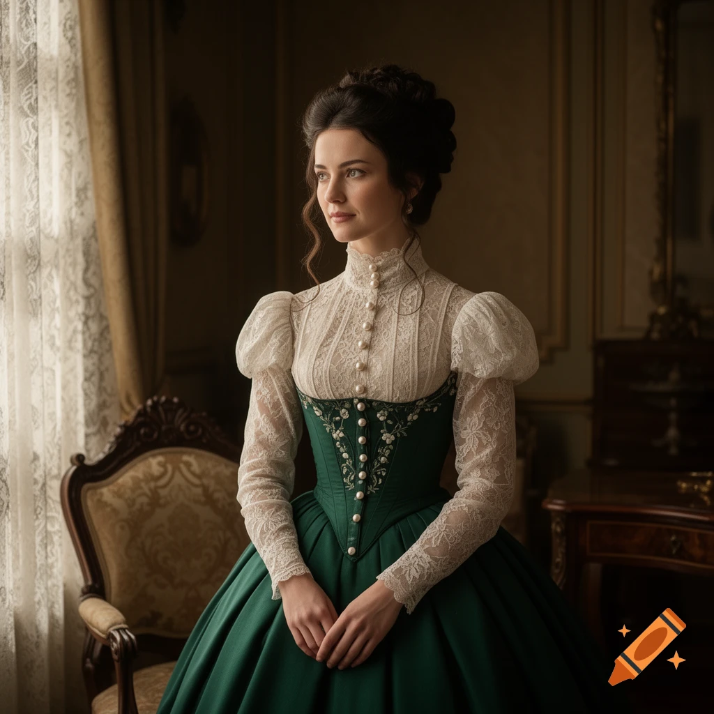 A woman in a detailed green and white Victorian dress, with her hair in an updo, standing in a dimly lit room.