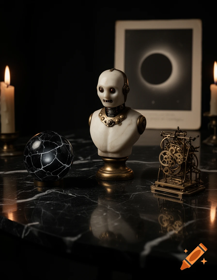 Dark photorealistic still life: A white robot bust, cracked black sphere, brass gears, and candles on marble, with an eclipse print.