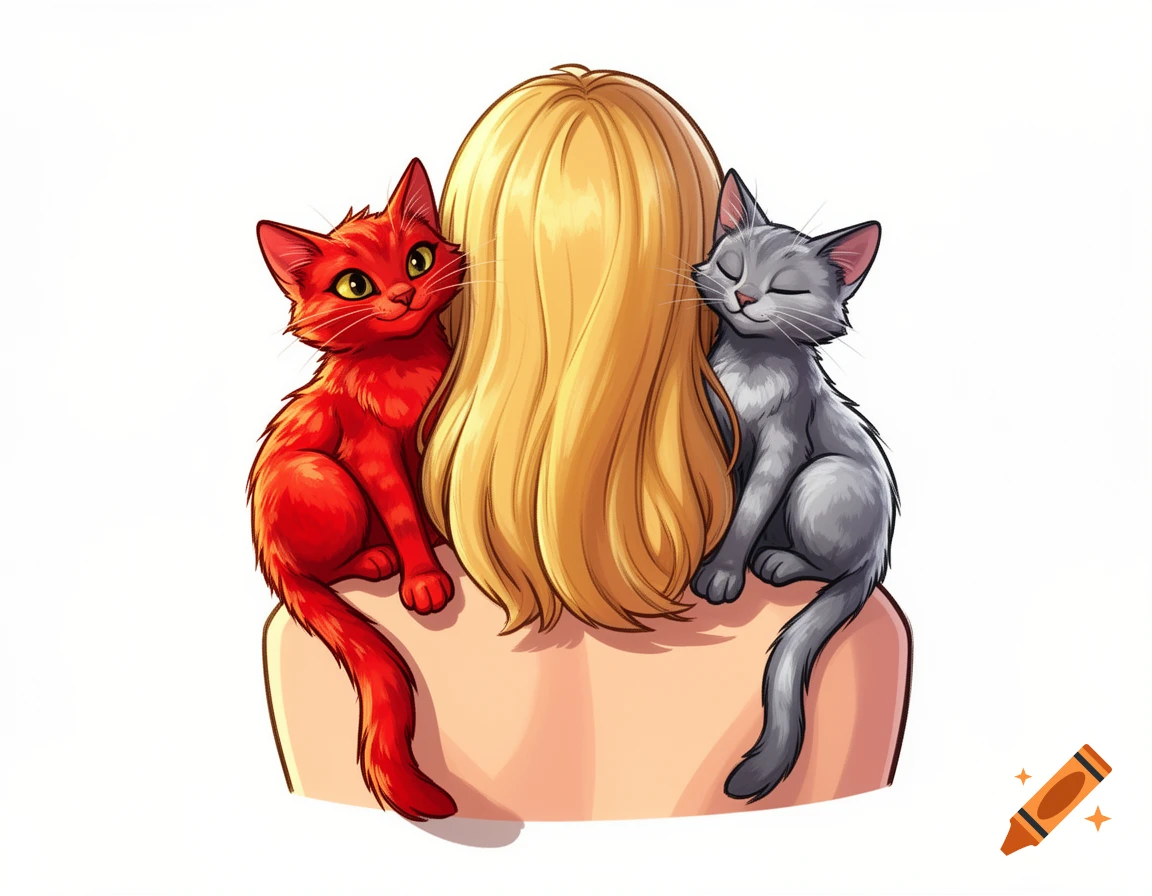 Cartoon of a blonde woman seen from behind, with a red cat and a gray cat sitting on her shoulders.