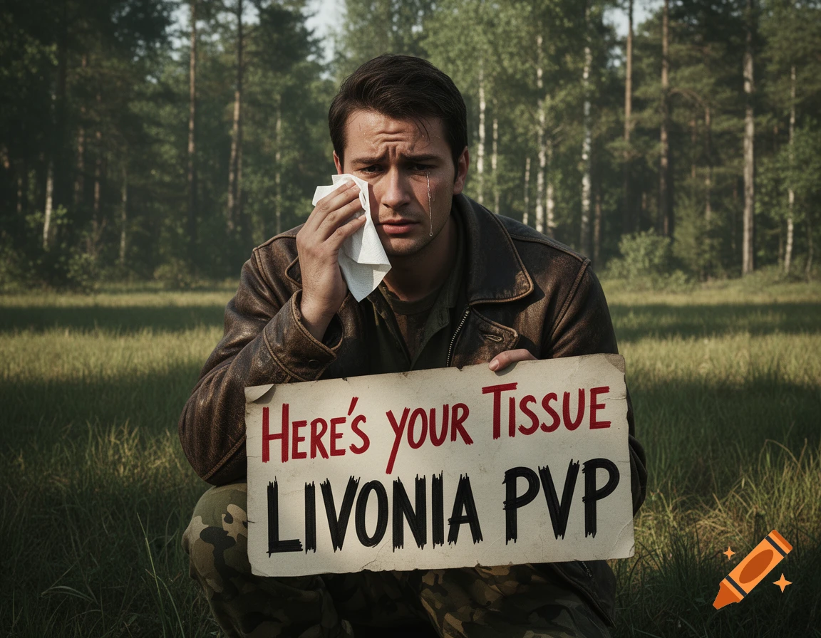 A crying man in a forest, wearing a leather jacket, holds a sign that reads 'Here's your Tissue LIVONIA PVP'.