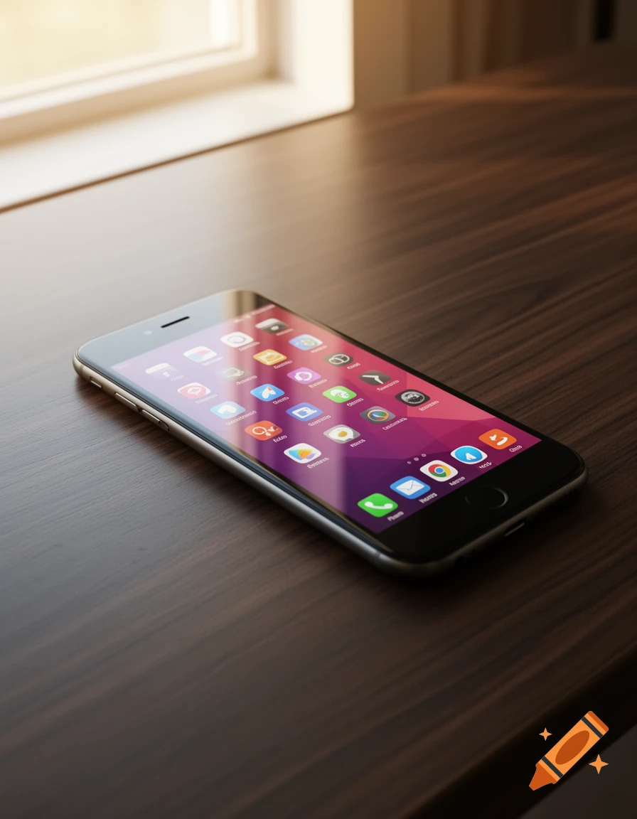A photorealistic image of a black iPhone laying on a dark wooden table near a sunlit window. The phone screen displays colorful app icons.