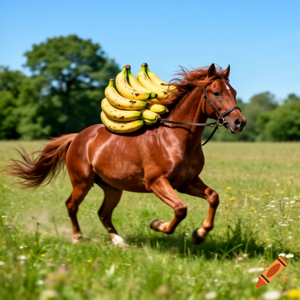 A brown horse gallops through a green field carrying a large bunch of yellow bananas strapped to its back under a clear blue sky.