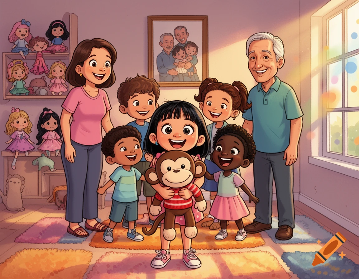 A diverse family, including parents, children, and grandparents in a photo, stand in a bright, doll-filled room. A girl holds a monkey. Cartoon.