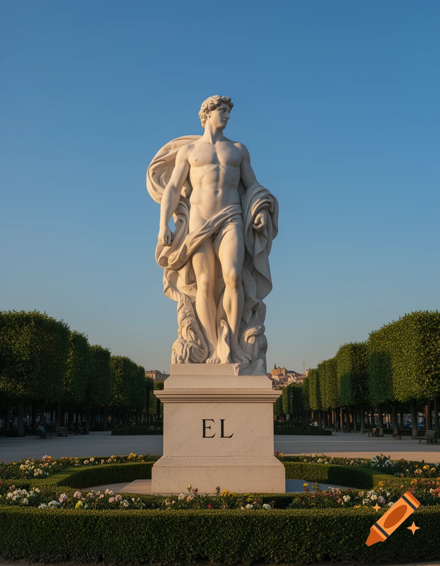 White marble statue of a muscular man, partially draped, on a pedestal marked 'EL' in a formal garden under a blue sky.