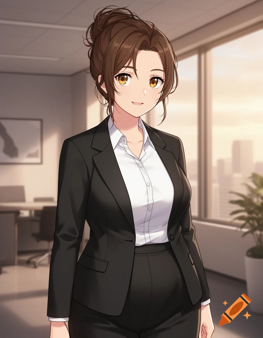 Anime-style young woman with brown hair in a messy bun, wearing a black business suit and white shirt, in an office.