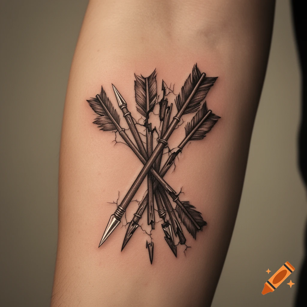 A detailed black and grey tattoo featuring a bundle of arrows, most appearing broken with one intact, on a person's arm.