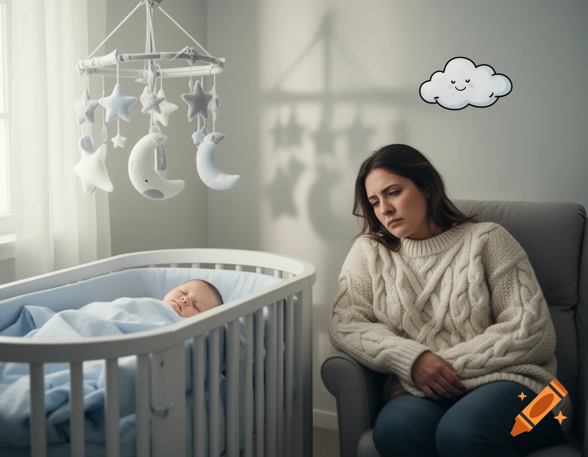 A baby sleeps in a crib with a mobile, while a tired mother sits nearby. A cartoon cloud floats above her head.
