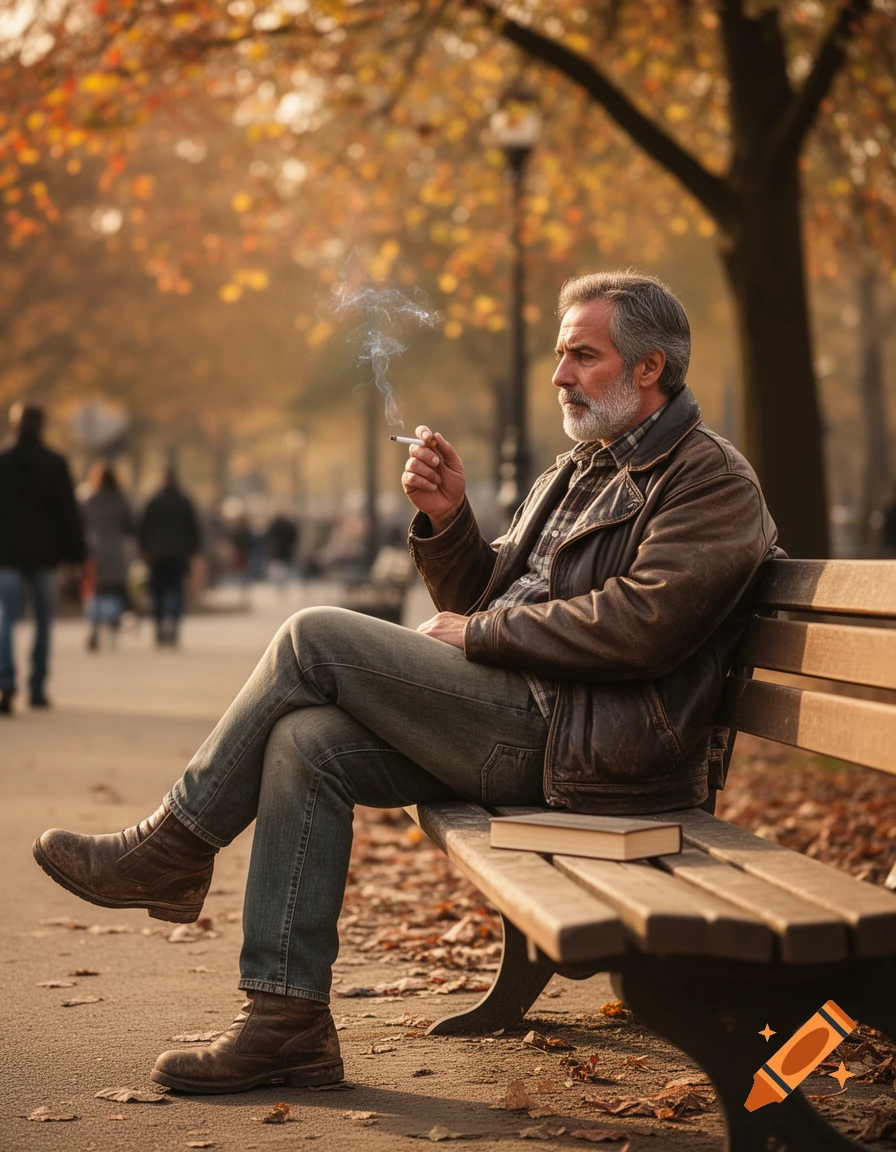 A bearded man in a leather jacket sits on a park bench, smoking a cigarette amidst autumn leaves. A book rests beside him.