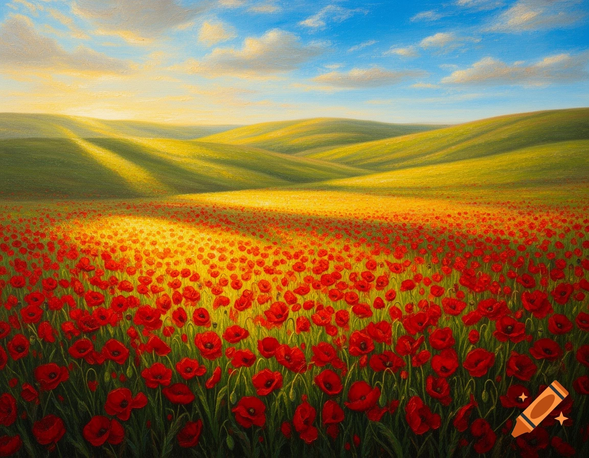 Oil painting of a vibrant field of red poppies under a bright blue sky, with sunlit green rolling hills in the background.