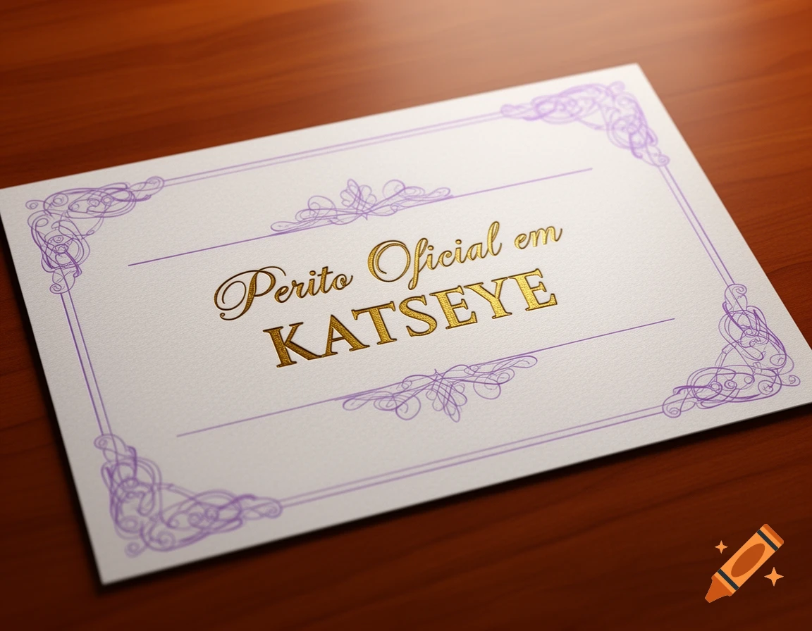 A white diploma with gold text reading 'Perito Oficial em KATSEYE' and purple decorative borders, on a wooden surface.