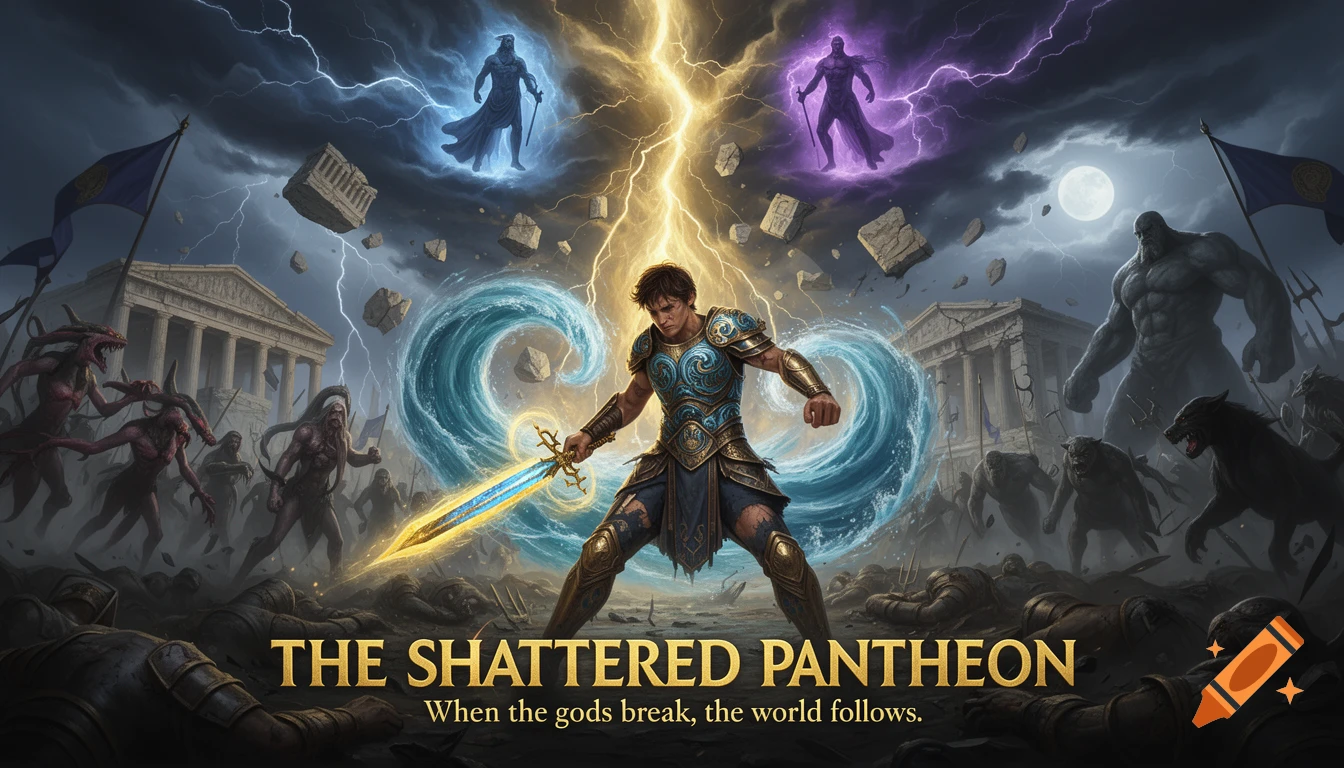 A fantasy illustration of a hero in armor with a glowing sword, fighting monsters amid shattered temples under a stormy sky, with gods observing.