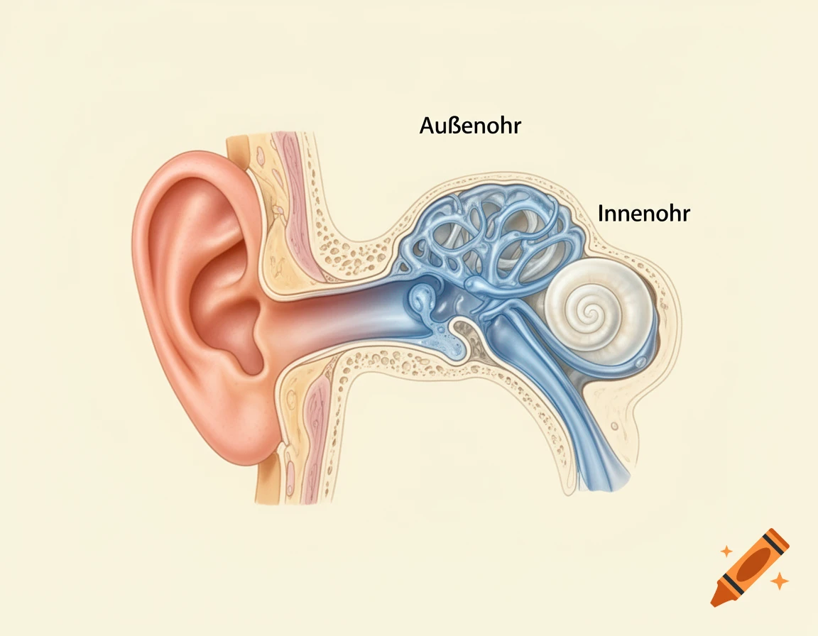 Detailed diagram showing a cross-section of the human ear, labeling the outer ear (Außenohr) and inner ear (Innenohr).