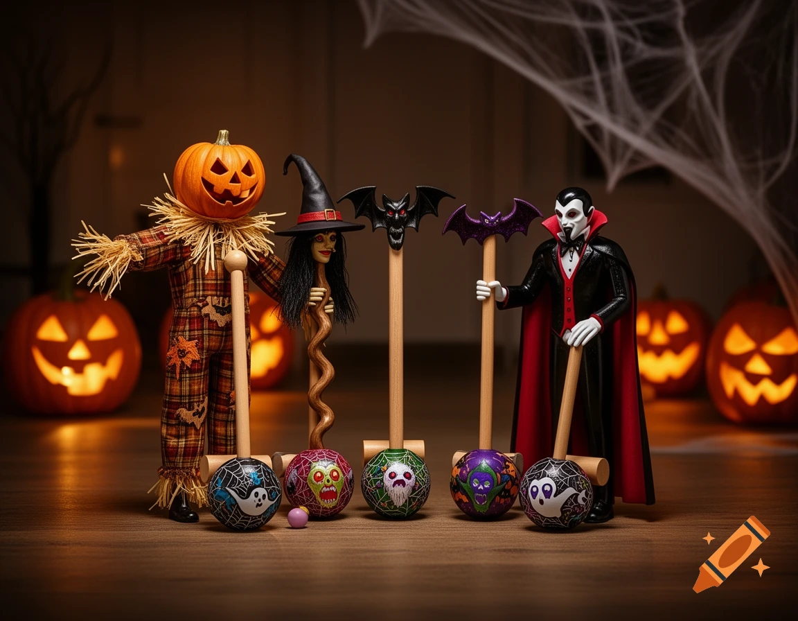A spooky Halloween croquet set featuring character mallets: a scarecrow, a witch, and a vampire, with jack-o'-lanterns and cobwebs in the background.