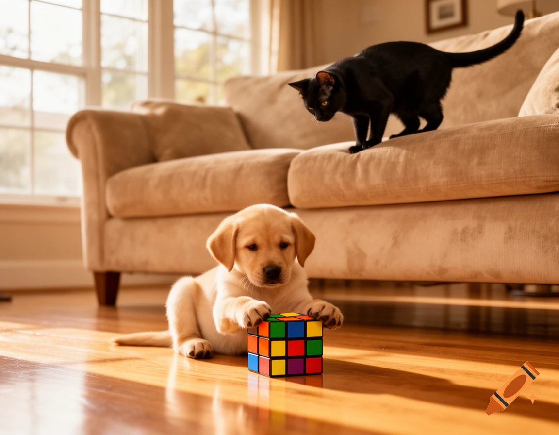 A golden retriever puppy looks at a Rubik's cube on a wooden floor as a black cat watches from a sofa.
