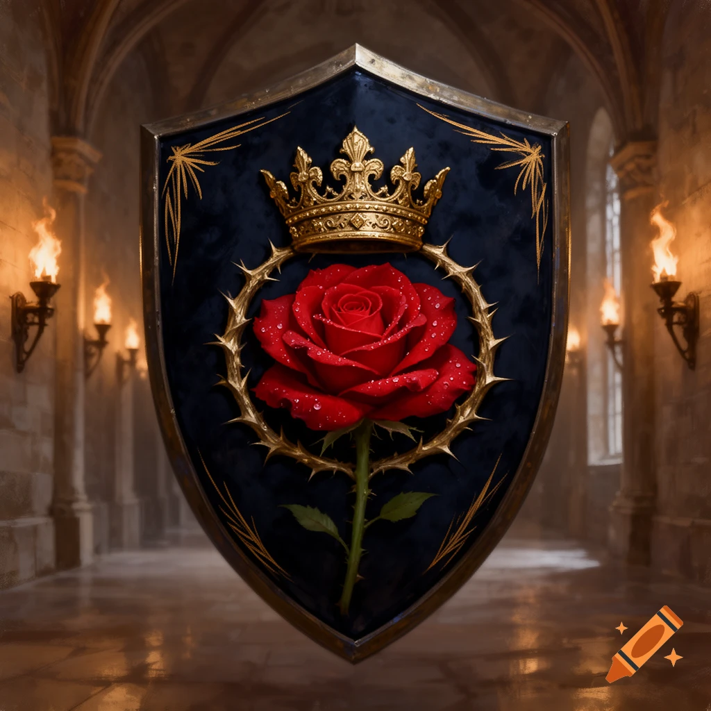 A majestic shield featuring a vibrant red rose encircled by golden thorns, topped with a golden crown, set in a stone castle hall.