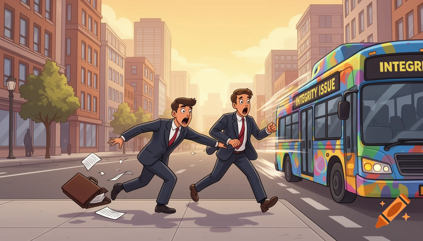 A cartoon shows two surprised businessmen on a city street, one pushing the other toward a bus labeled "INTEGRITY ISSUE" as papers fly from a briefcase.