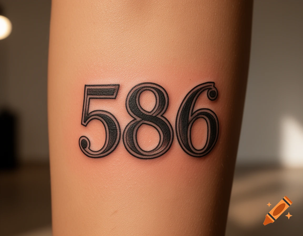 A close-up of a black stylized tattoo of the numbers 586 on a person's arm.