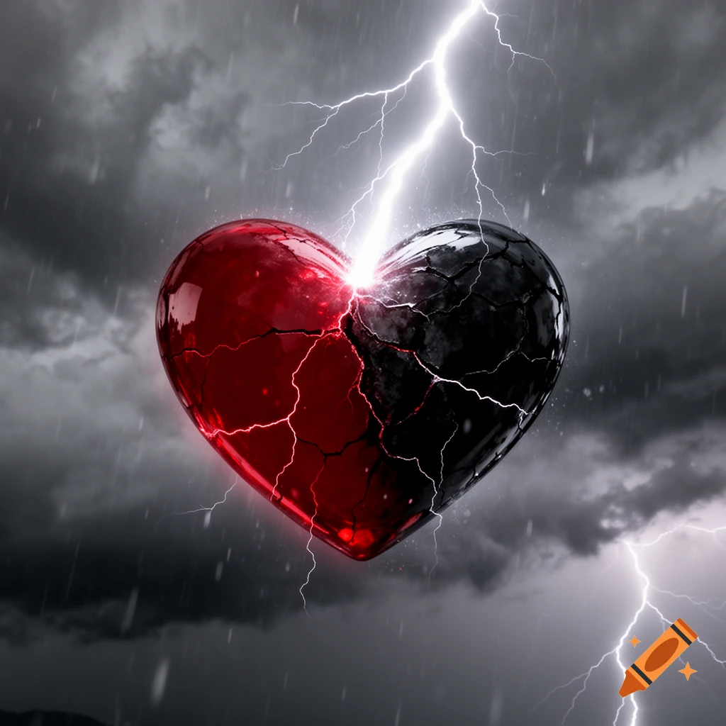 A cracked heart, half red and half black, struck by a lightning bolt under a dark, stormy sky with rain.