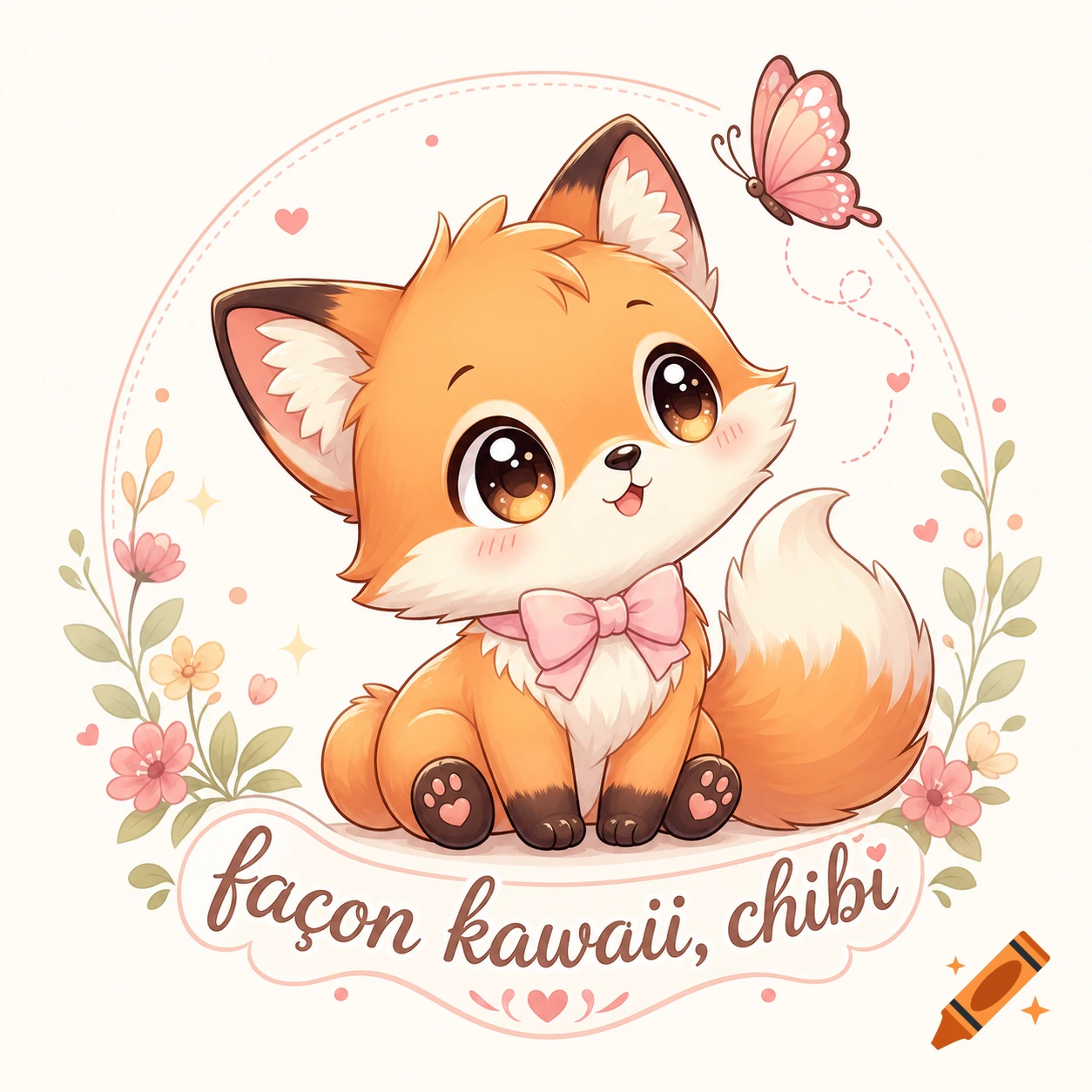 Cute chibi fox wearing a pink bow, sitting among flowers with a butterfly, in kawaii style.