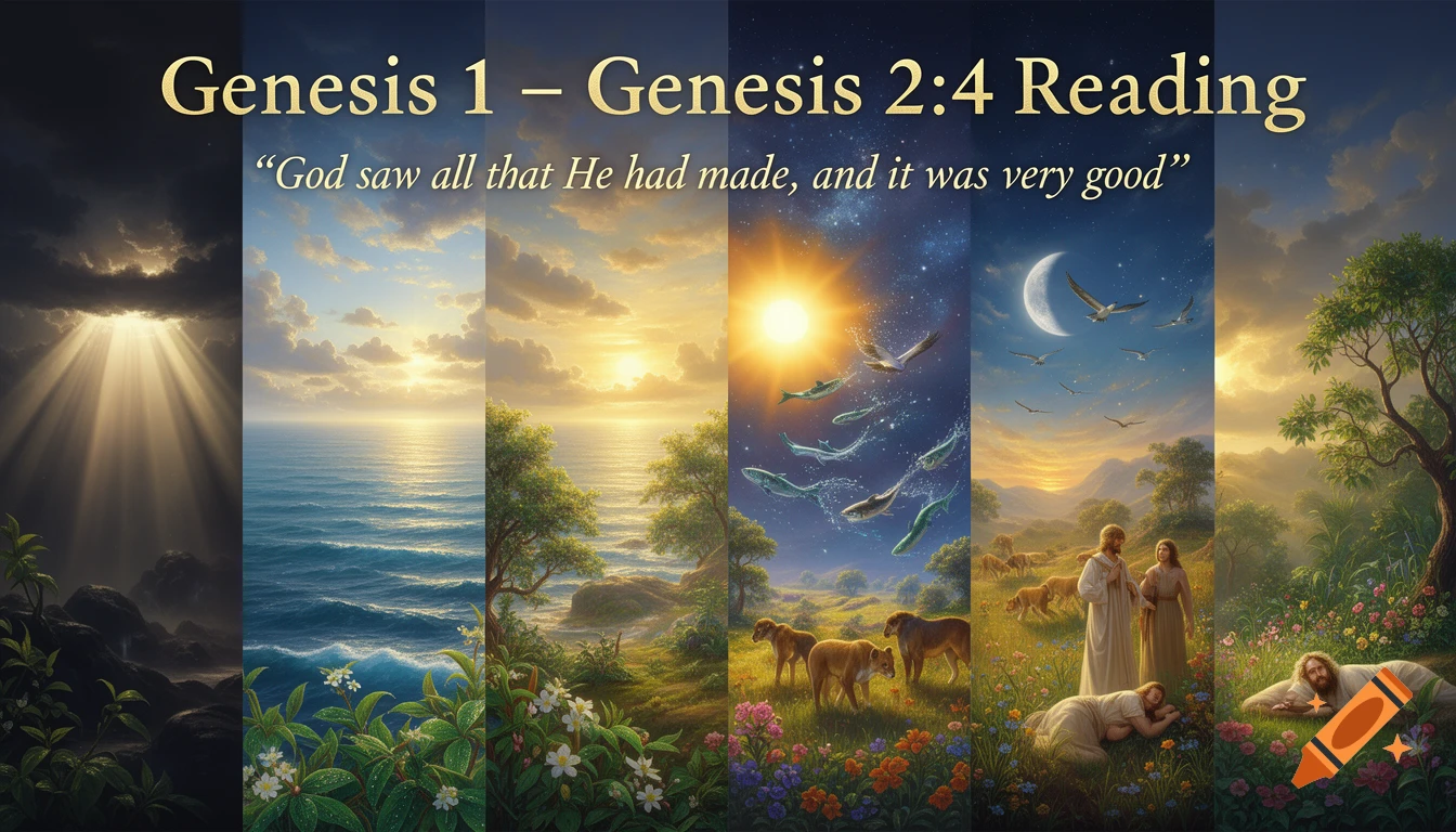 Multi-panel illustration of the Genesis creation story, showing light, sea, land, animals, Adam and Eve, with 'Genesis 1 – Genesis 2:4 Reading' text.