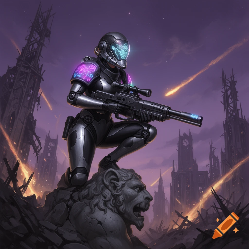 A futuristic female sniper in dark armor crouches on a ruined lion statue, holding a rifle in a destroyed city with a purple sky and meteors, digital art.