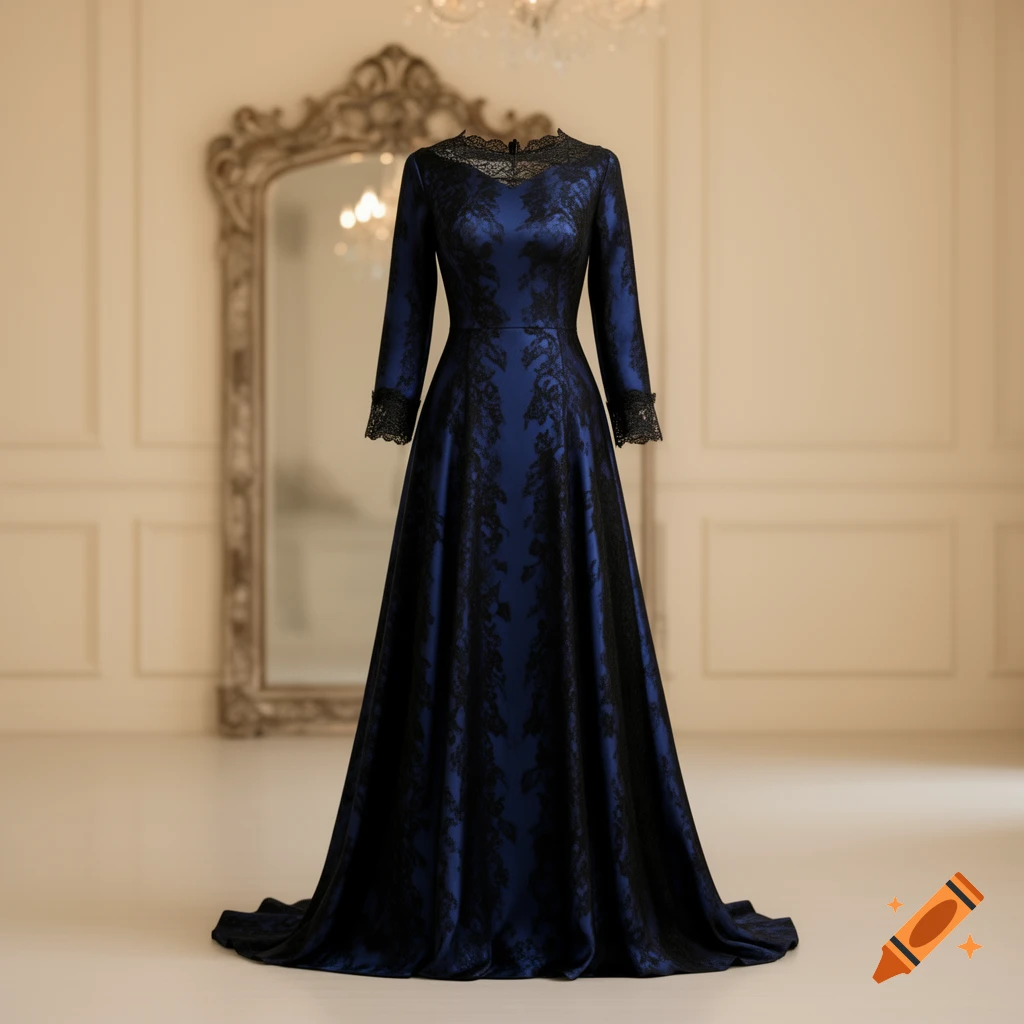 A long blue satin gown with black lace, long sleeves, and a high neckline, on a headless mannequin in an elegant room with a decorative mirror.