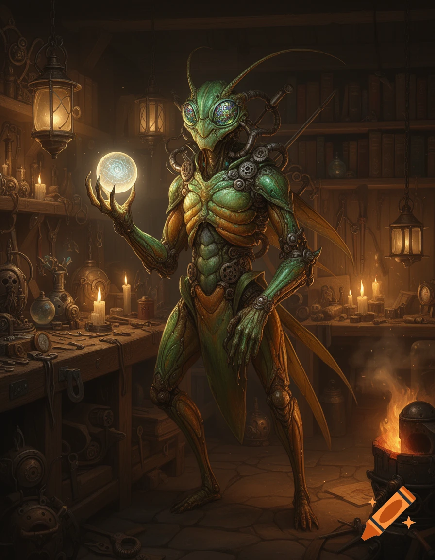 An insectoid humanoid, like a praying mantis, stands in a dimly lit steampunk workshop, holding a glowing magical orb.