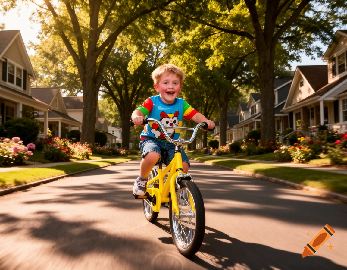 A happy young boy on a bright yellow bicycle rides down a sunny, tree-lined residential street, photorealistic style.