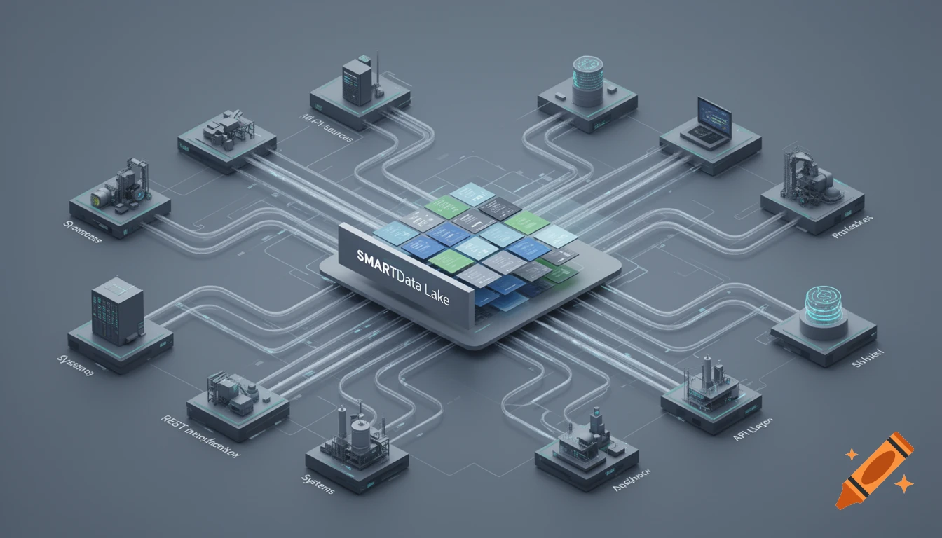 Isometric technical diagram of a SMARTData Lake platform connected to multiple data sources and systems.