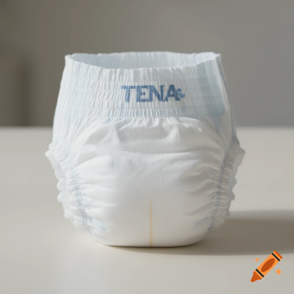 A clean white Tena pull-up diaper with blue text, standing upright on a white surface.