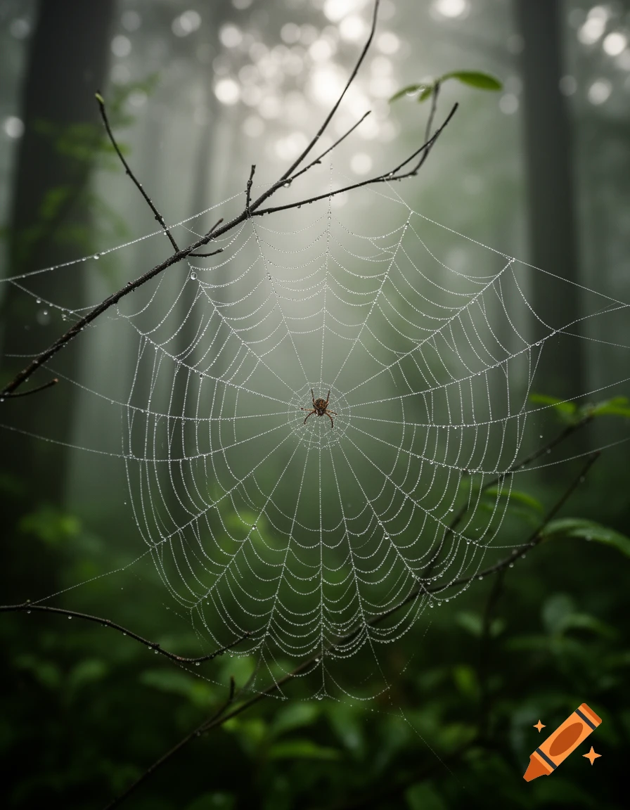 A detailed spider web covered in dew drops, with a spider at its center, against a misty forest background.