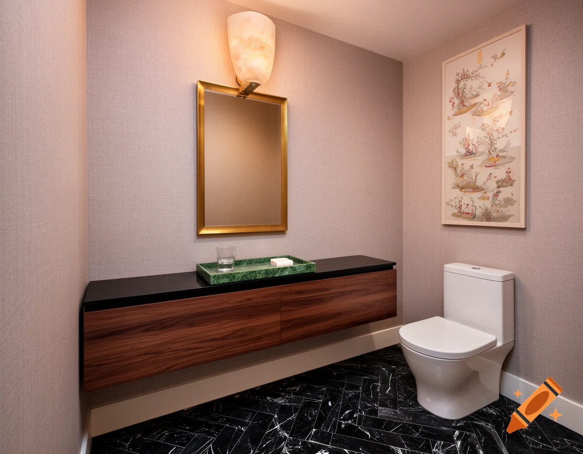 Photorealistic powder room with a floating walnut vanity, brass mirror, alabaster sconce, toilet, black herringbone marble floor, and chinoiserie art.