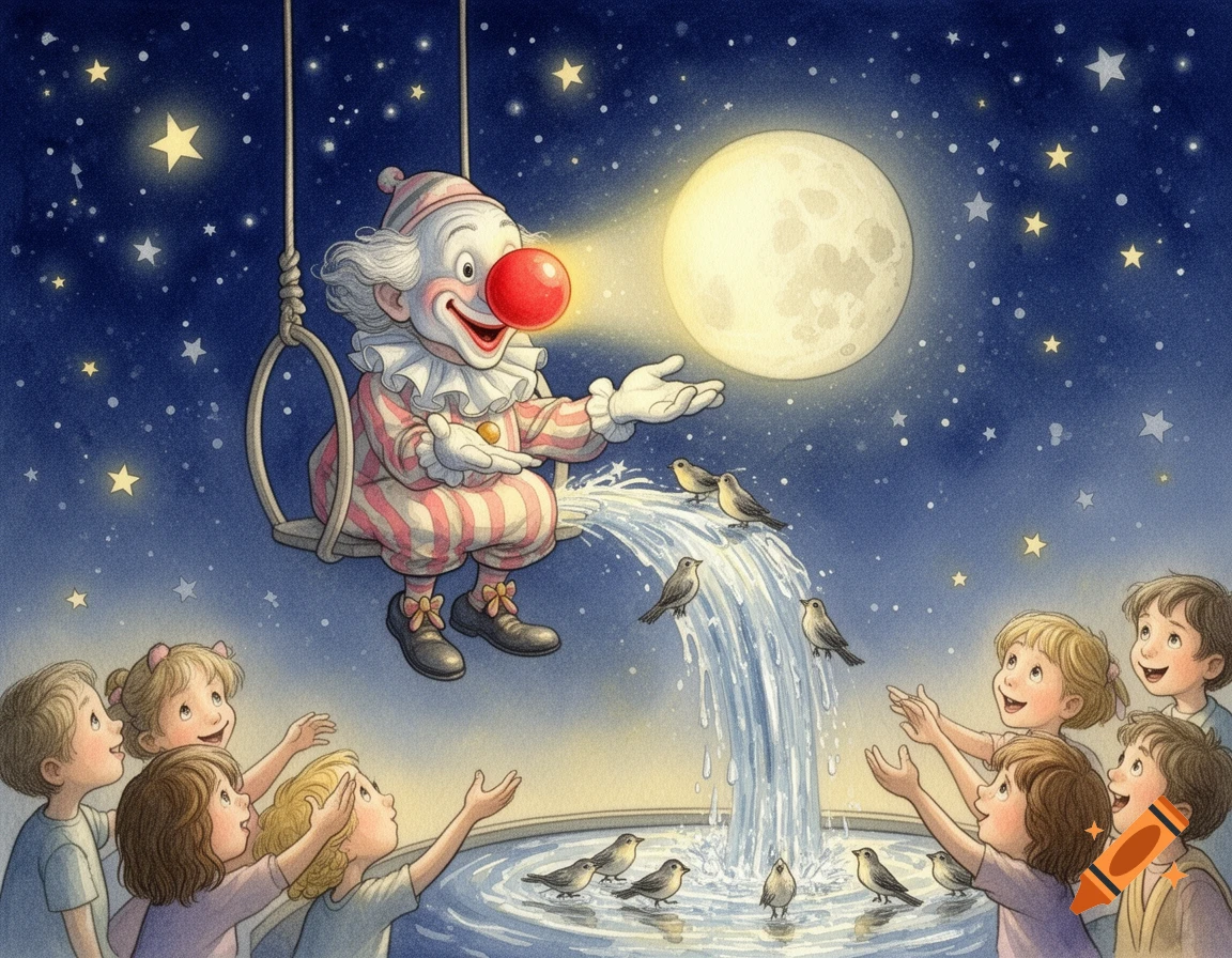 Watercolor illustration: A clown on a swing under a starry night sky, pouring water into a pool for birds, watched by amazed children.