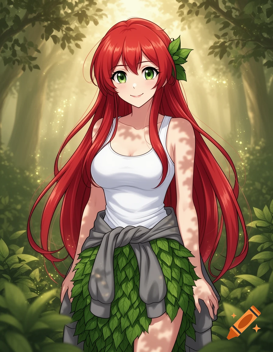 Anime woman with long red hair and green eyes, wearing a white tank top and a leaf skirt, in a sunlit forest.
