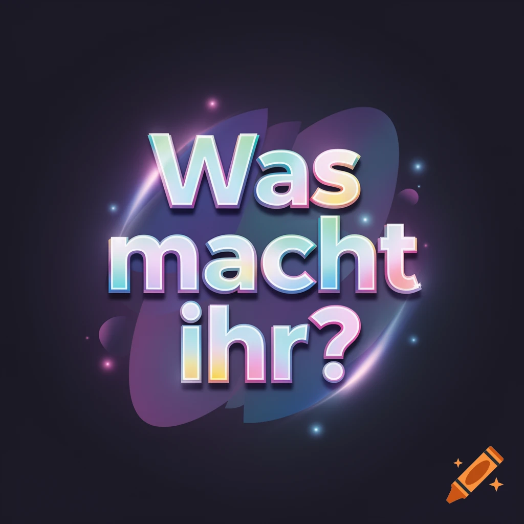 Colorful glowing 3D text 'Was macht ihr?' on a dark abstract background with light accents.