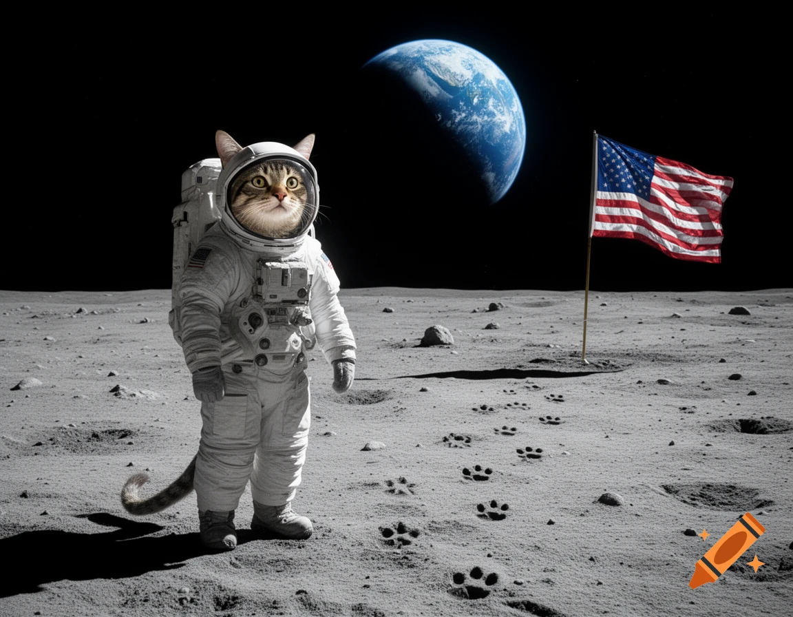 A photorealistic image of a tabby cat in an astronaut suit standing on the moon, with Earth and an American flag in the background.