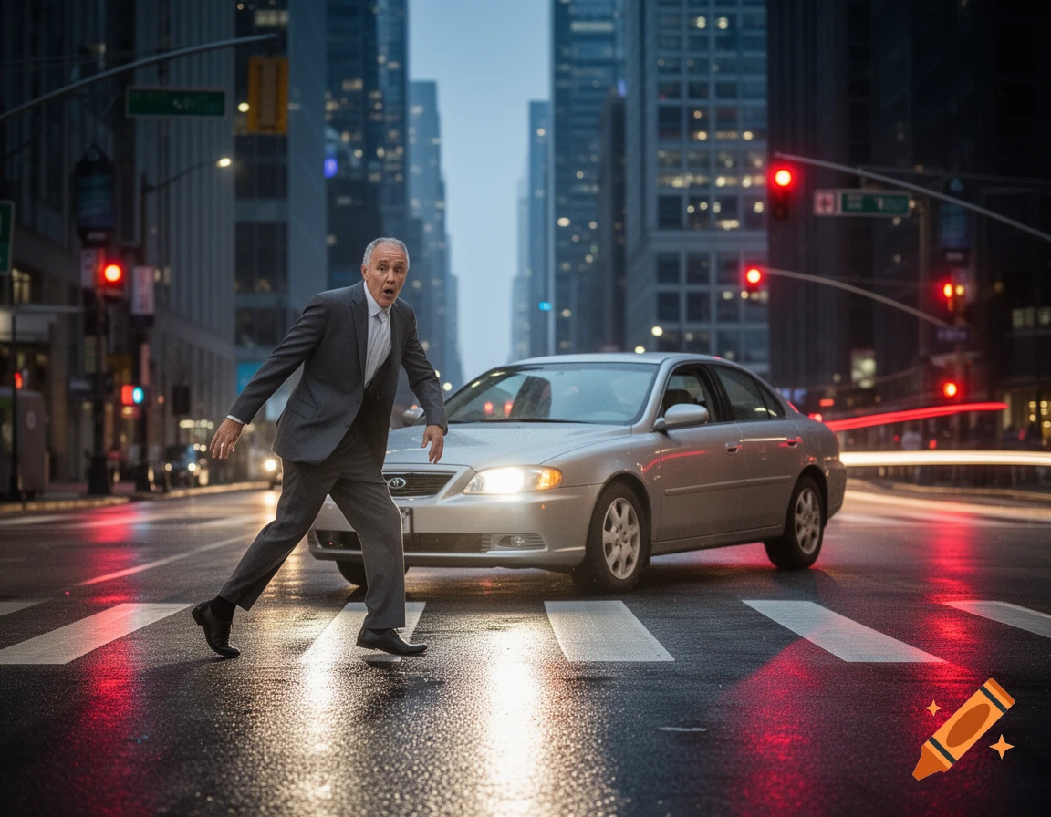 Man in a suit with a shocked expression crossing a wet city street in front of a silver car at dusk, with blurred red and white light trails.