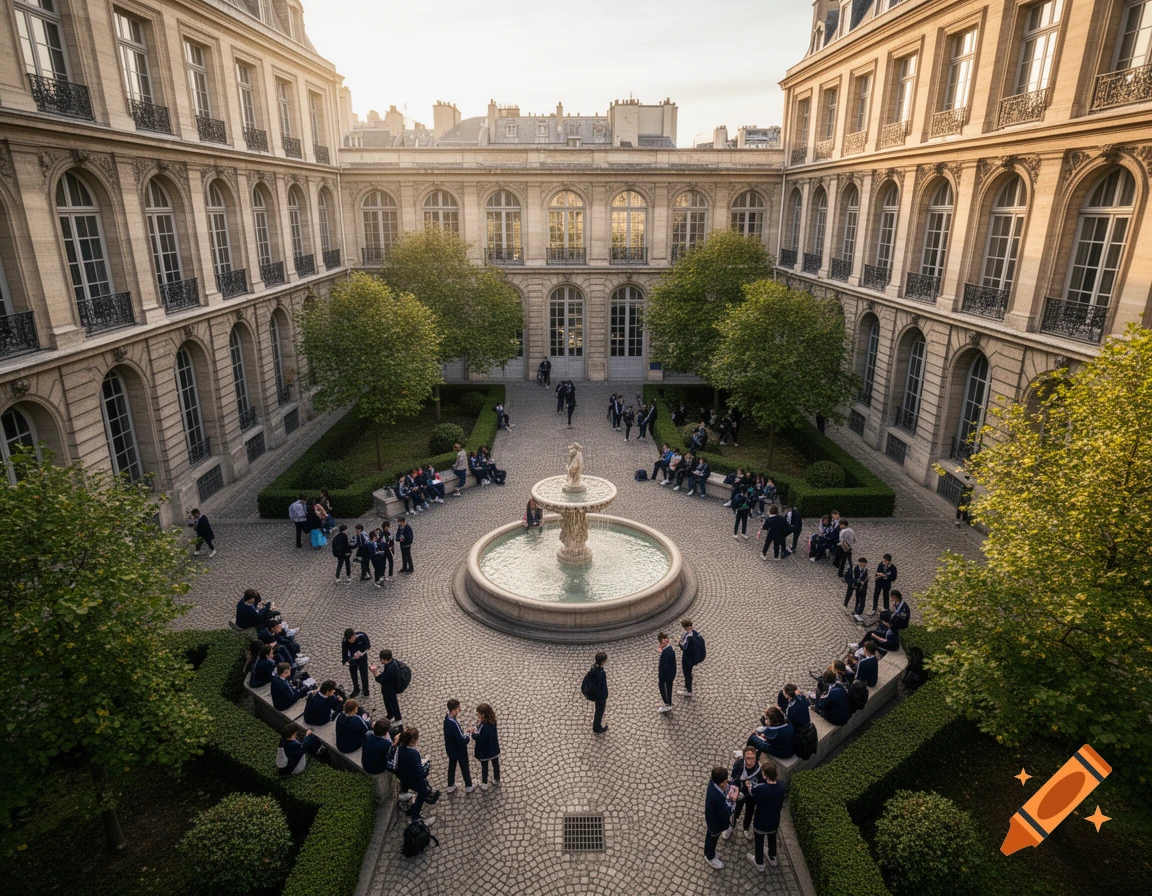 High-angle view of a grand classical school courtyard in Paris with a fountain, surrounded by ornate buildings, and filled with students.