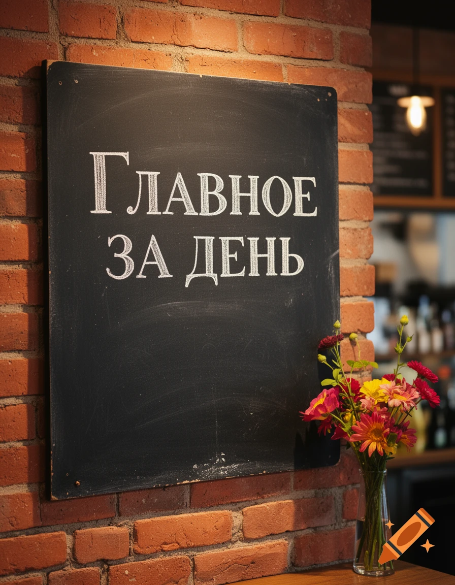 A chalkboard sign on a brick wall reads "ГЛАВНОЕ ЗА ДЕНЬ", next to a vase of colorful flowers in a cafe interior.