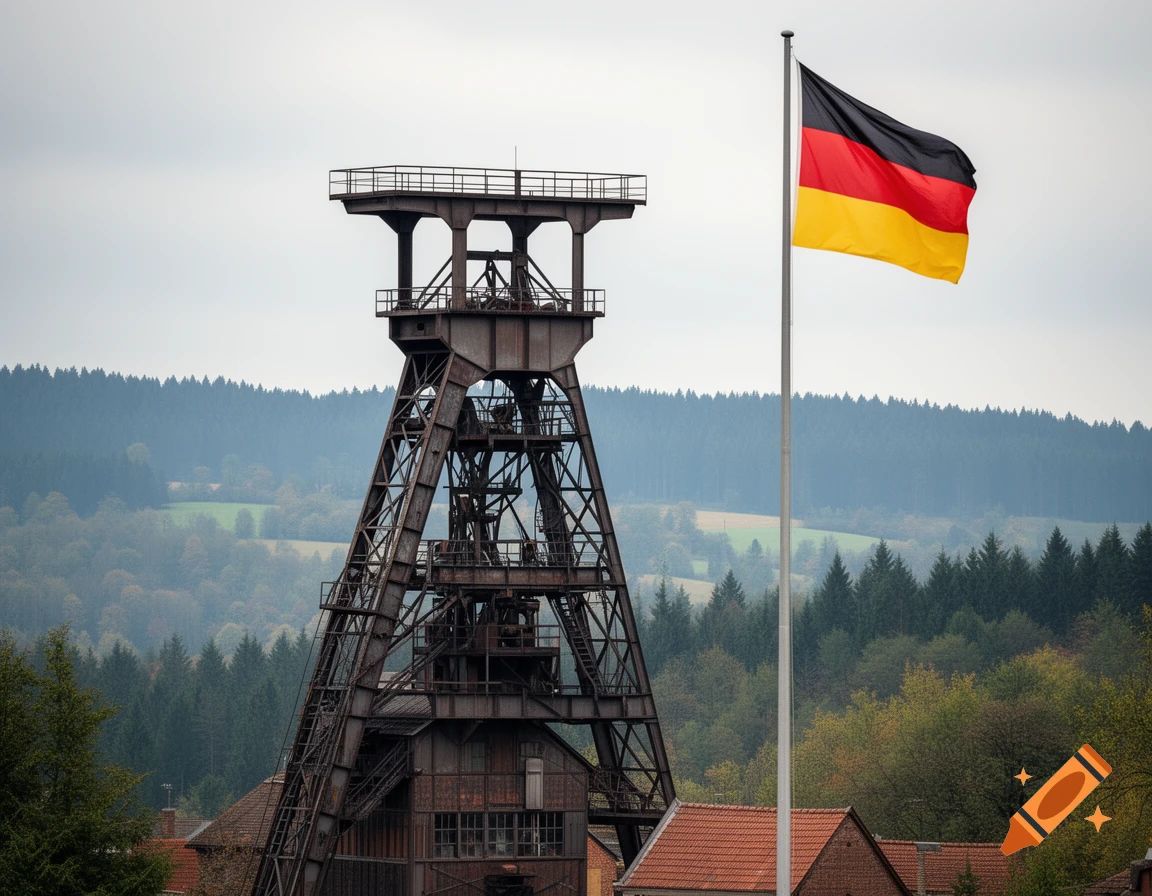 A large, weathered metal mining headframe stands next to a German flag waving against a cloudy, forested landscape.