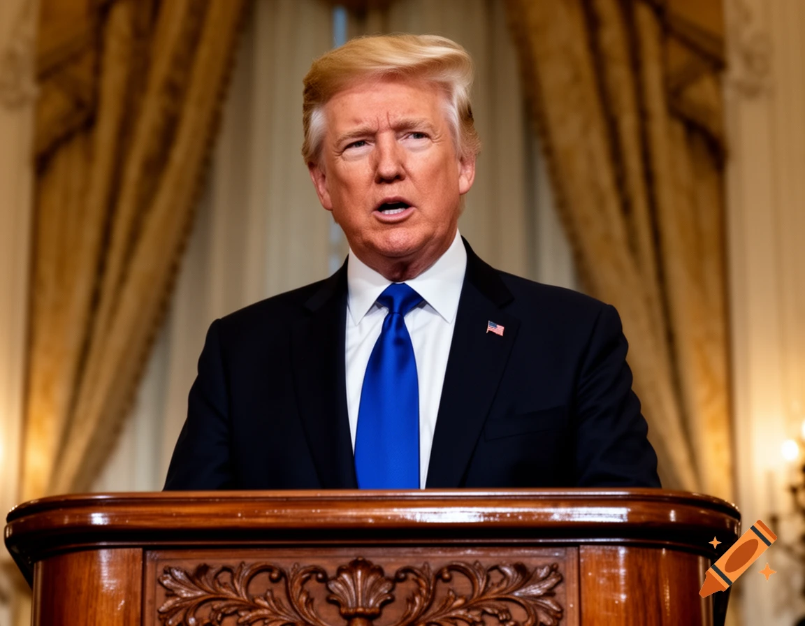 Photorealistic portrait of Donald Trump in a suit and blue tie speaking at a wooden podium.